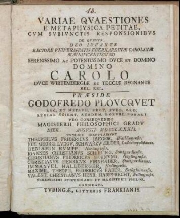 Variae Qvaestiones E Metaphysica Petitae Cvm Svbivnctis Responsionibvs