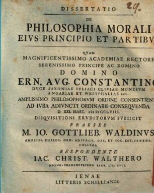 Dissertatio de philosophia morali, eius principio et partibus