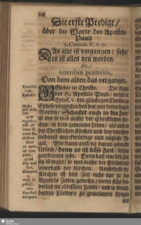 Die erste Predigt, über die Worte des Apostels Pauli 2. Corinth. V. v. 17. Das alte ist vergangen: siehe, es ist alles neu worden
