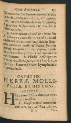 Caput IIX. Herbae Mollifoliae, Et His Congeneres.