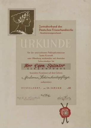 ZDF - Bundesinnungsverband - URKUNDE für Egon SPLINTER