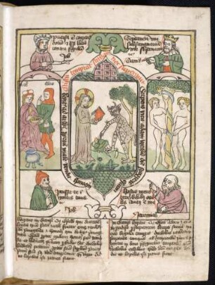 (1) Propheten-Brustbilder; (2) Antitypus: Versuchung Christi; Typen: (3) Esau verkauft sein Erstgeburtsrecht für ein Linsengericht; (4) Sündenfall