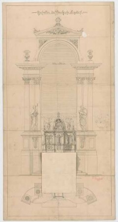 Müller, Josef Anton; Siegsdorf bei Traunstein; Pfarrkirche - 2. Variante - Hochaltar (Grundriss m. Schnitt, Ansicht)