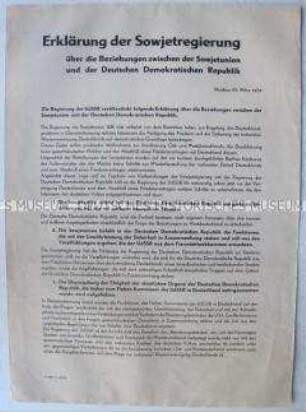 Flugblatt mit dem Wortlaut der Erklärung der Sowjetregierung über ihre Beziehungen zur DDR