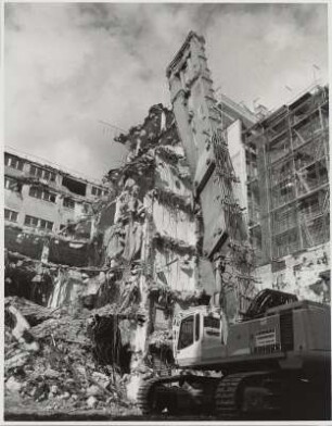 Bauplatz an der Thomaskirche in Leipzig, Liebherr-Kettenbagger bei Abbrucharbeiten