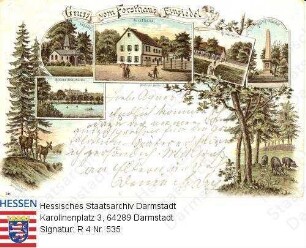 Darmstadt, Forsthaus Einsiedel / Ansicht des Forsthauses; Kapelle; Restauration; Hartig-Denkmal; Schloss Kranichstein