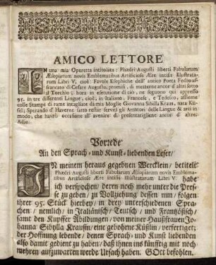 Amico Lettore. / Vorrede An den Sprach- und Kunst-liebenden Leser.