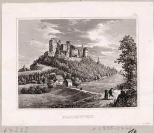 Die Burgruine in Frauenstein im Erzgebirge von Nordwesten, aus Schiffners Beschreibung von Sachsen um 1840