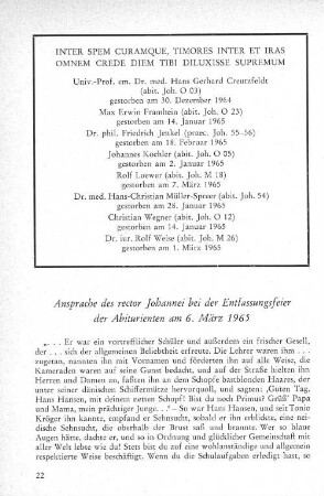 Ansprache des rector Johannei bei der Entlassungsfeier der Abiturienten am 6. März 1965
