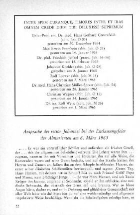 Ansprache des rector Johannei bei der Entlassungsfeier der Abiturienten am 6. März 1965