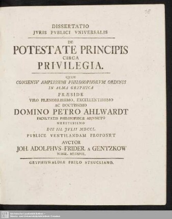 Dissertatio Iuris Publici Universalis De Potestate Principis Circa Privilegia