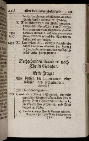 Sechzehendes Seculum nach Christi Gebuhrt.