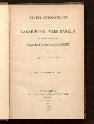 Études histologiques sur le labyrinthe membraneux et plus spécialement sur le limaçon chez les reptiles et les oiseaux