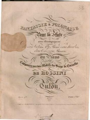 Fantaisie & polonaise : pour la flûte avec accompagnement de 2 violons, alto, basse, 2 hautbois, 2 cors et 2 bassons ou piano ; composées sur des motifs du Siège de Corinthe de Rossini ; op. 45