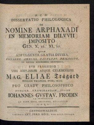 Dissertatio Philologica De Nomine Arphaxadi In memoriam Dilvvii Imposito Gen. X, 22. XI, 10.