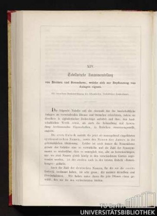 XIV. Tabellarische Zusammenstellung von Bäumen und Sträuchern, welche sich zur Bepflanzung von Anlagen eignen
