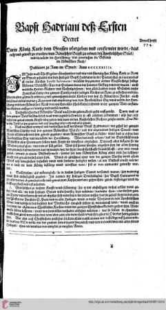 Bapst Hadrians deß Ersten Decret/von der Wahl eines Römischen Bapsts/...