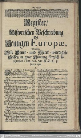 Register, Der Historischen Beschreibung Deß Heutigen Europae, Worinnen Alle Denck- und Merck-würdigste Sachen in guter Ordnung kürtzlich beschrieben, und nach dem A B C zu finden seyn