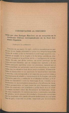 Discurso pronunciado en la recepción de don Enrique Mac-Iver en la Academia Chilena correspondiente de la Real Academia Española