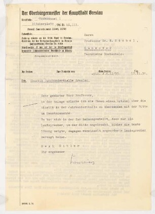 Jahrhunderthalle, Breslau Akustikgutachten: Brief von Konwiarz an Michel und Antwortschreiben (zweiseitig)