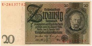 Geldschein, 20 Reichsmark, 22.1.1929