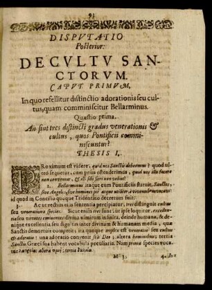 Disputatio Posterior: De Cultu Sanctorum.