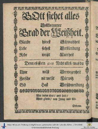 Gott siehet alles Vollkommner Grad der Weißheit.