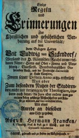 Einige Regeln und Erinnerungen zur christl. und gebührlichen Verhaltung auf der Universität