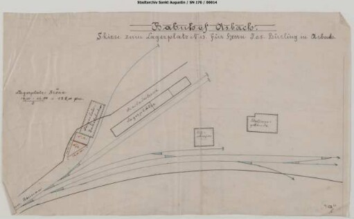Asbach, Bahnhof: Skizze zum Lagerplatz N. 13 für Herrn Jos. Bürling in Asbach. Lageplan des westlichen Bahnhofsbereichs mit Lagerplätzen.