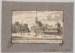 Dresden, Blick über den Neumarkt nach Nordosten auf die alte Frauenkirche (Mitte) und den Pulverturm (rechts)