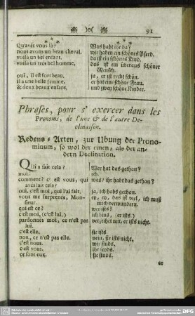 Phrases, pour s' exercer dans les Pronoms, de l' une & de l' autre Declinaison. Redens-Arten, zur Ubung der Pronominum, so wol der einen, als der andern Declination
