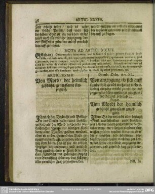 Von Anzeigung, so sich auff sonderliche Missethaten ziehen, und ist ein jeder Artickel zu redlicher Anzeigung derleben Missethat gnugsam, und darauff peinlich zu fragen