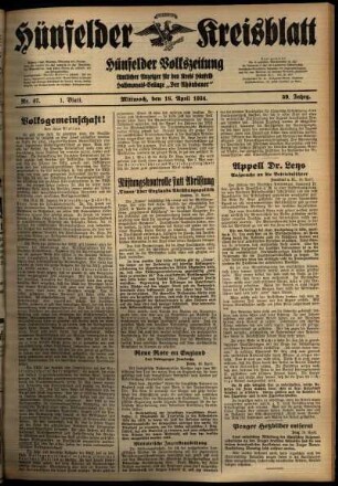 Erste Ausgabe vom Mittwoch, den 18. April 1934.