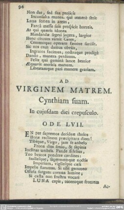 Ad Virginem Matrem. Cynthiam suam. In cujusdam diei crepusculo. Ode LVII.