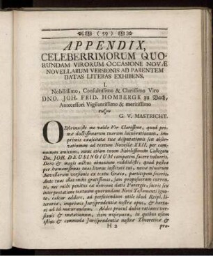 Appendix, Celeberrimorum Quorundam Virorum Occasione Novae Novellarum Versionis Ad Parentem Datas Literas Exhibens.
