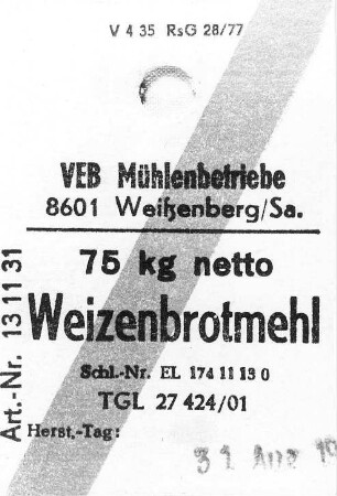 VEB Mühlenbetriebe, Weißenberg/Sachsen