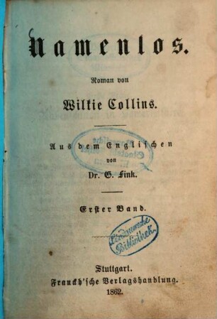 Namenlos : Roman von Wilkie Collins. Aus dem Englischen von G. Fink, 1