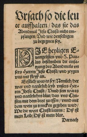 Ursach so die leute auffhalten/ das sie das Abendmal Jesu Christi nicht empfangen/ und wie denselbigen zu begegnen sey.