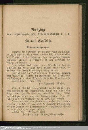 Auszüge aus einigen Regulativen, Bekanntmachungen u. s. w. der Stadt Colditz