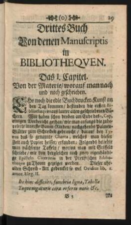 Drittes Buch Von denen Manuscriptis in Bibliothequen.