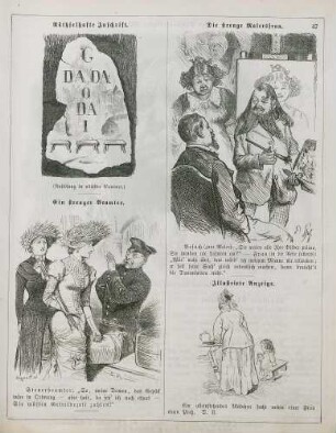 "Räthselhafte Inschrift" "Ein strenger Beamter" "Die strenge Malersfrau" "Illustrirte Anzeige"