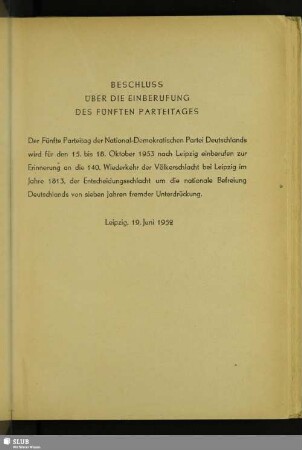 Beschluss Über Die Einberufung Des Fünften Parteitages