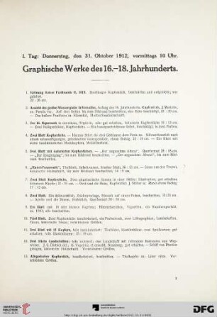 Donnerstag, vormittags 10 Uhr. Graphische Werke des 16.-18. Jahrhunderts (Nr. 1-316)