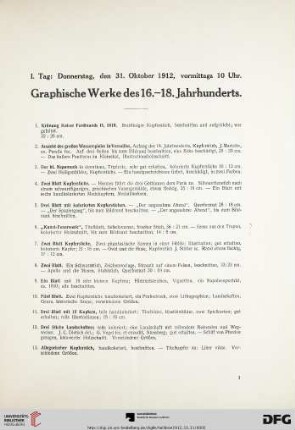 Donnerstag, vormittags 10 Uhr. Graphische Werke des 16.-18. Jahrhunderts (Nr. 1-316)