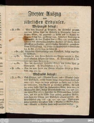Zweyter Auszug von jährlichen Erbzinsen