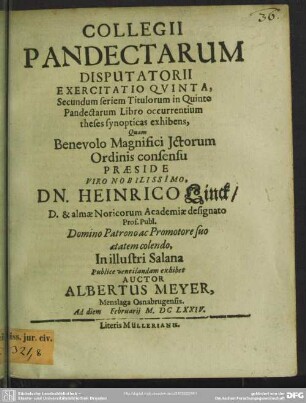 Collegii Pandectarum exercitatio quinta