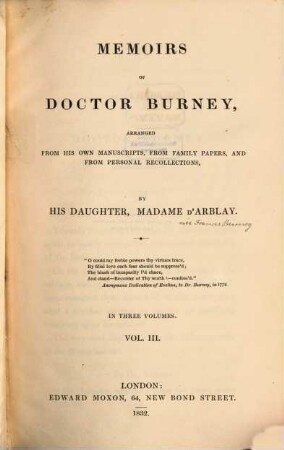 Memoirs of Doctor Burney : arranged from his own manuscripts, from family papers, and from personal recollections. 3