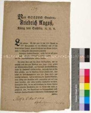 Generale von Friedrich August I. König von Sachsen betreffend die Verpflichtung von Handwerksmeistern für eine Armee-Reserve