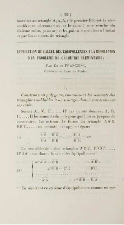 Application du calcul des Équipollences a la résolution d'un probléme de géométrie élémentaire.