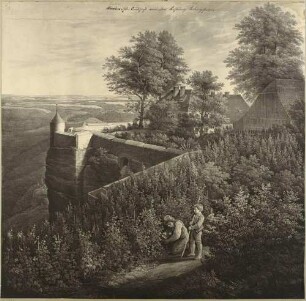 Blatt IX der zehnteiligen Panorama-Aussicht von der Festung Königstein in der Sächsischen Schweiz: Weinanbau auf der Festung, die südliche Ecke (Zobels Eck) mit dem Friedenslazarett von hinten, Ausblick in Richtung Südwesten